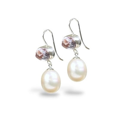 KUNZITE & FRESHWATER PEARL DROP STERLING EARRINGS