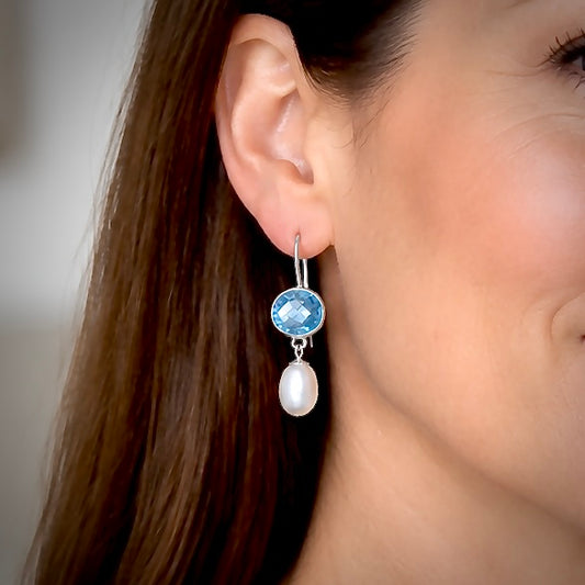 SWISS BLUE TOPAZ & FRESHWATER PEARL STERLING SILVER DROP EARRINGS