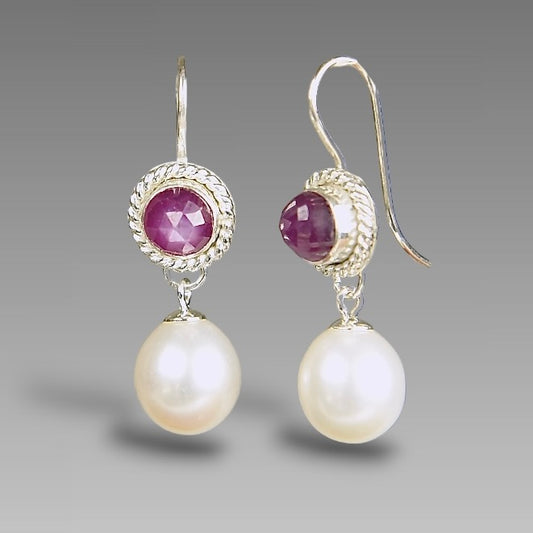 PINK SHEEN SAPPHIRE & FRESHWATER PEARL DROP STERLING EARRINGS