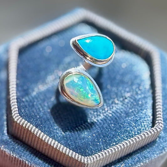 ETHIOPIAN OPAL & NACOZARI TURQUOISE OPEN 14K GOLD FILL & STERLING RING