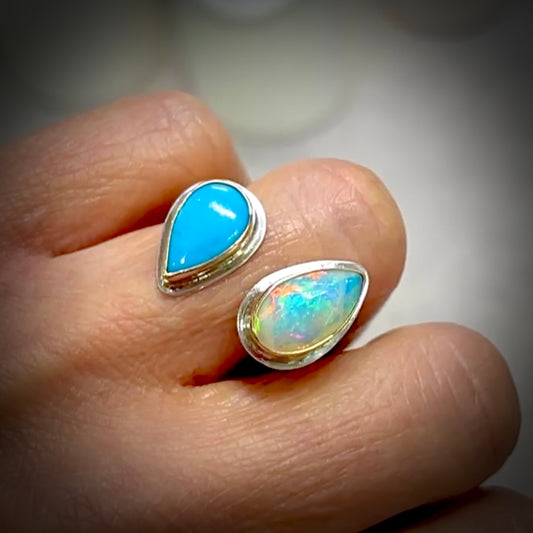 ETHIOPIAN OPAL & NACOZARI TURQUOISE OPEN 14K GOLD FILL & STERLING RING