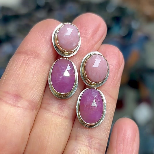 PINK OPAL & SAPPHIRE 14K SOLID GOLD & STERLING SILVER EARRINGS