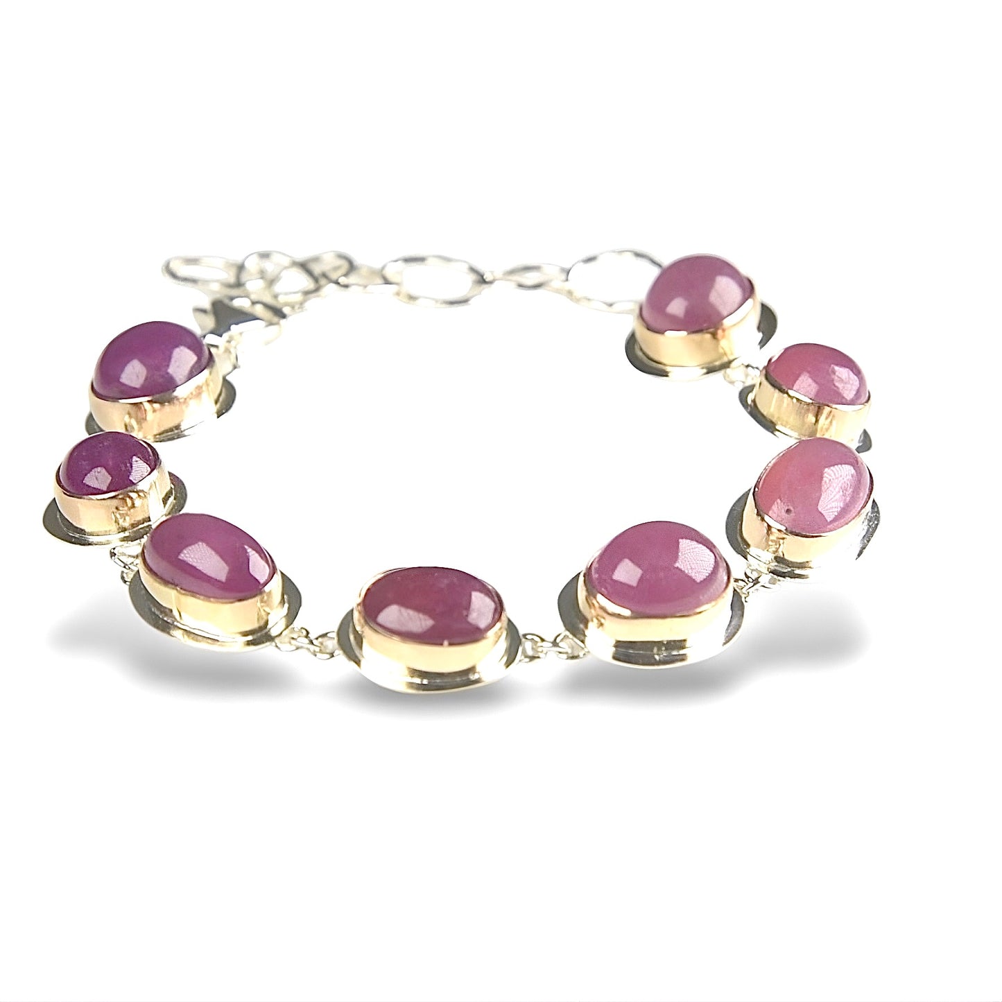 LINKED PINK RUBY 14K GOLD FILL & STERLING SILVER BRACELET