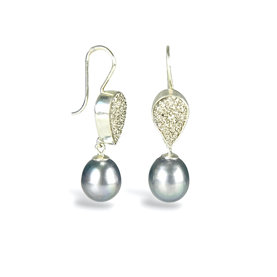 BRAZILIAN DRUZY & FRESHWATER PEARL STERLING SILVER DROP EARRINGS