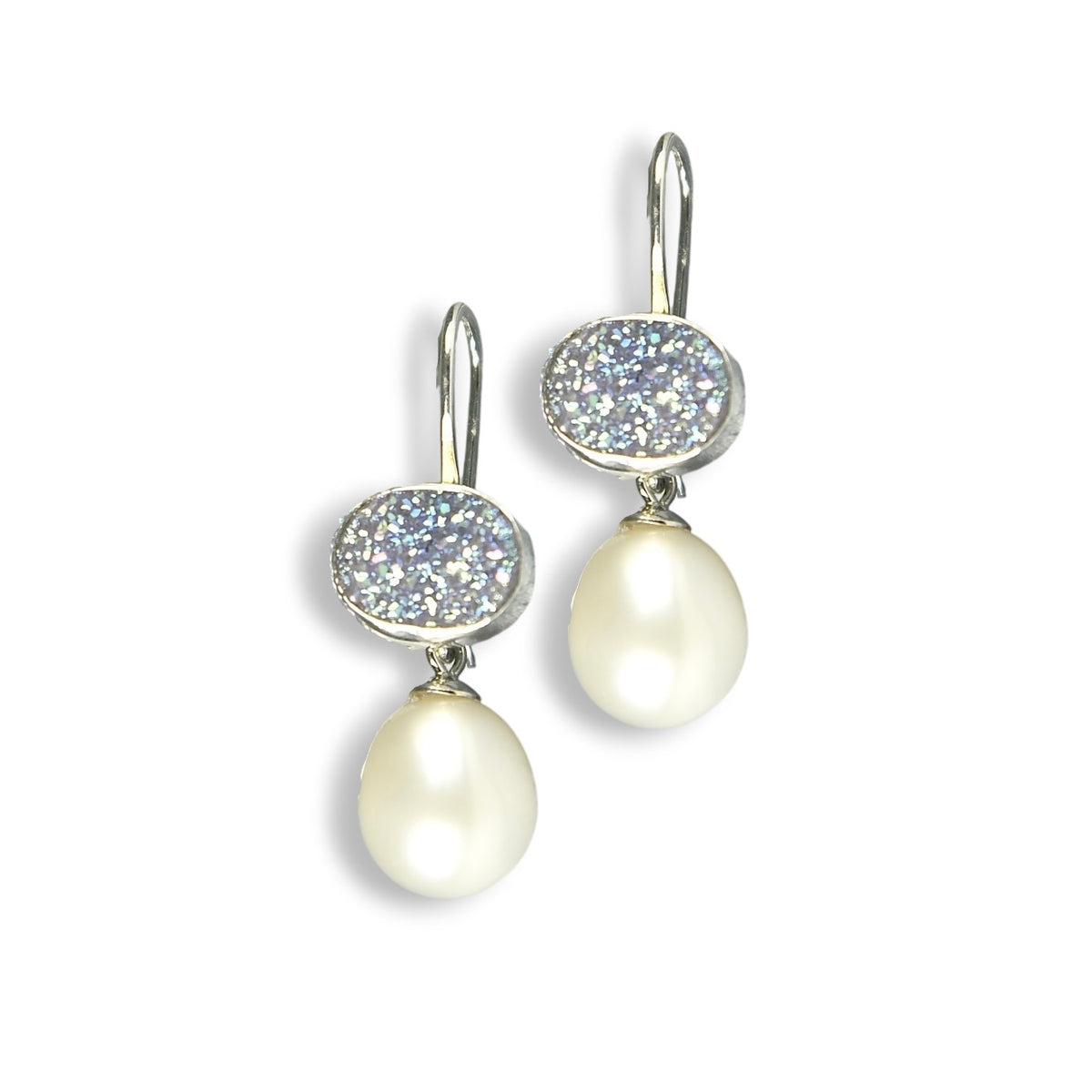 BRAZILIAN DRUZY & FRESHWATER PEARL STERLING SILVER DROP EARRINGS