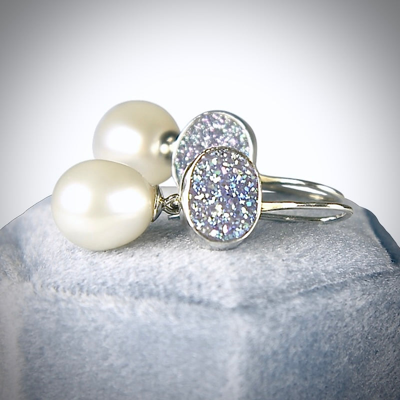 BRAZILIAN DRUZY & FRESHWATER PEARL STERLING SILVER DROP EARRINGS