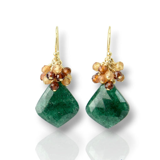 Agape Artisan Jewelry cluster earring GREEN AVENTURINE with HESSONITE CLUSTER EARRINGS 14k gold filled