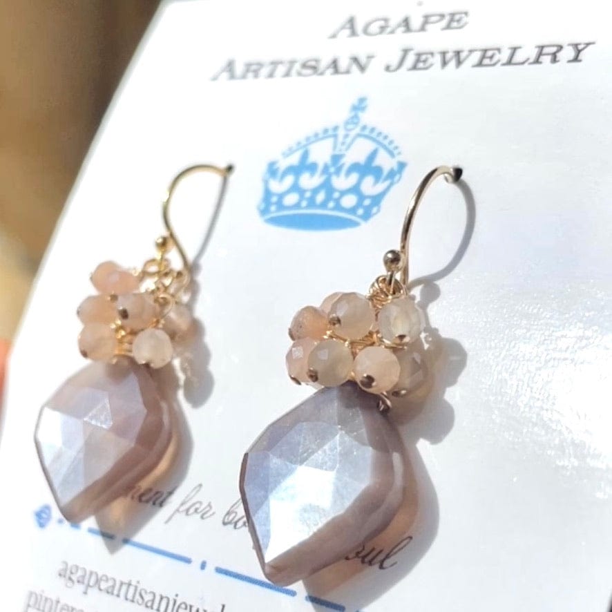 Agape Artisan Jewelry COFFEE MOONSTONE DROP CLUSTER EARRINGS 14k gold filled