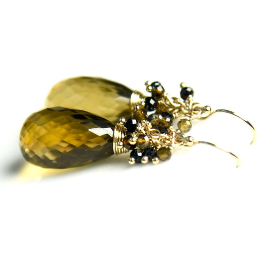 Agape Artisan Jewelry drop earrings BEER QUARTZ & TOURMALINE CLUSTER EARRINGS 14k gold filled