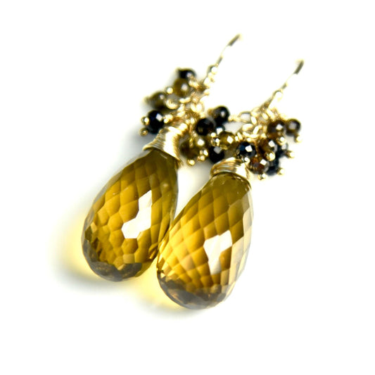 Agape Artisan Jewelry drop earrings BEER QUARTZ & TOURMALINE CLUSTER EARRINGS 14k gold filled