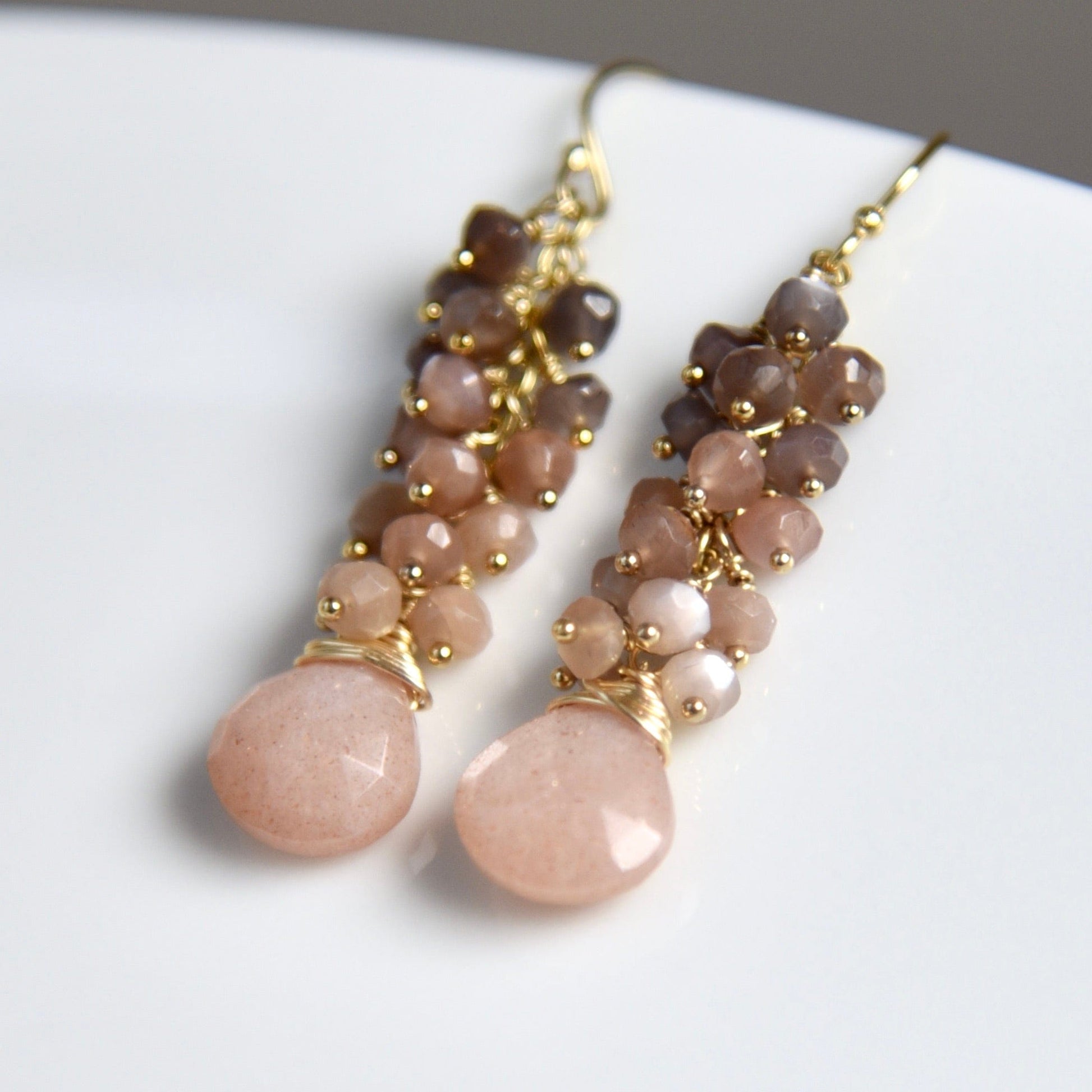 Agape Artisan Jewelry PEACH MOONSTONE CASCADE EARRINGS 14k gold filled