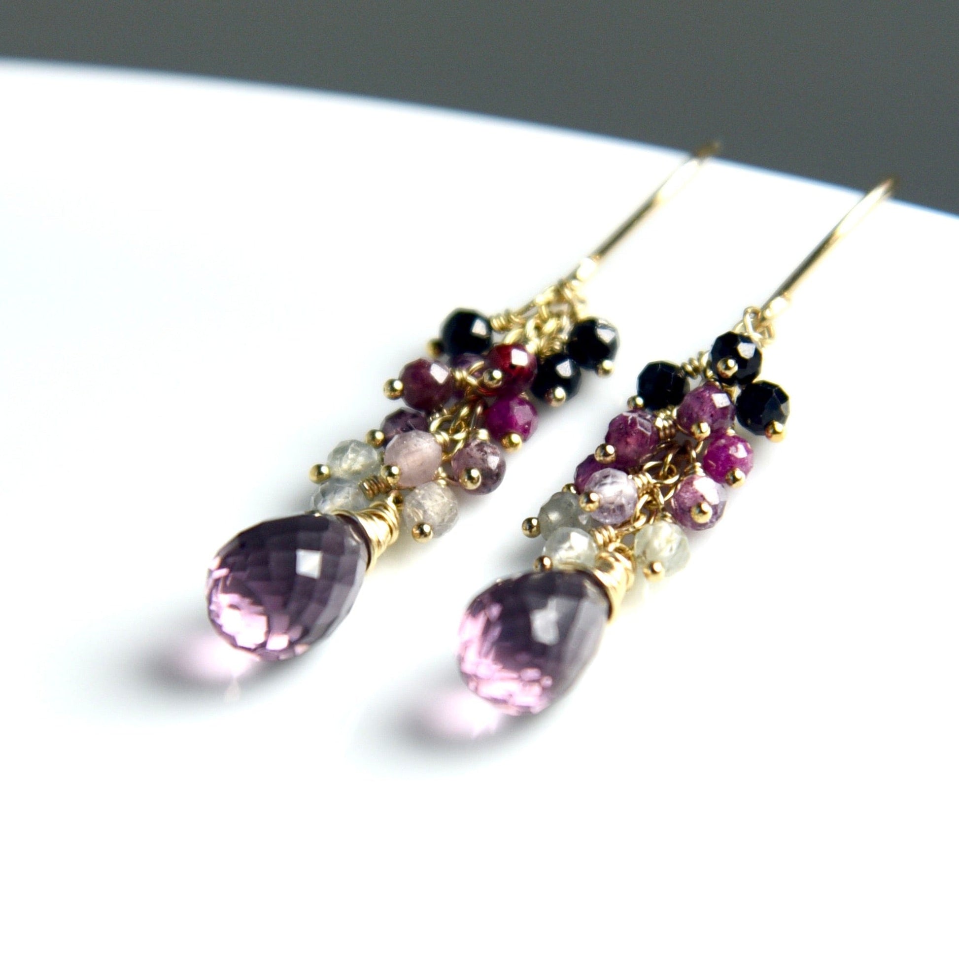 Agape Artisan Jewelry RUBY SAPPHIRE CASCADE & KUNZITE PINK QUARTZ EARRINGS 14k gold filled