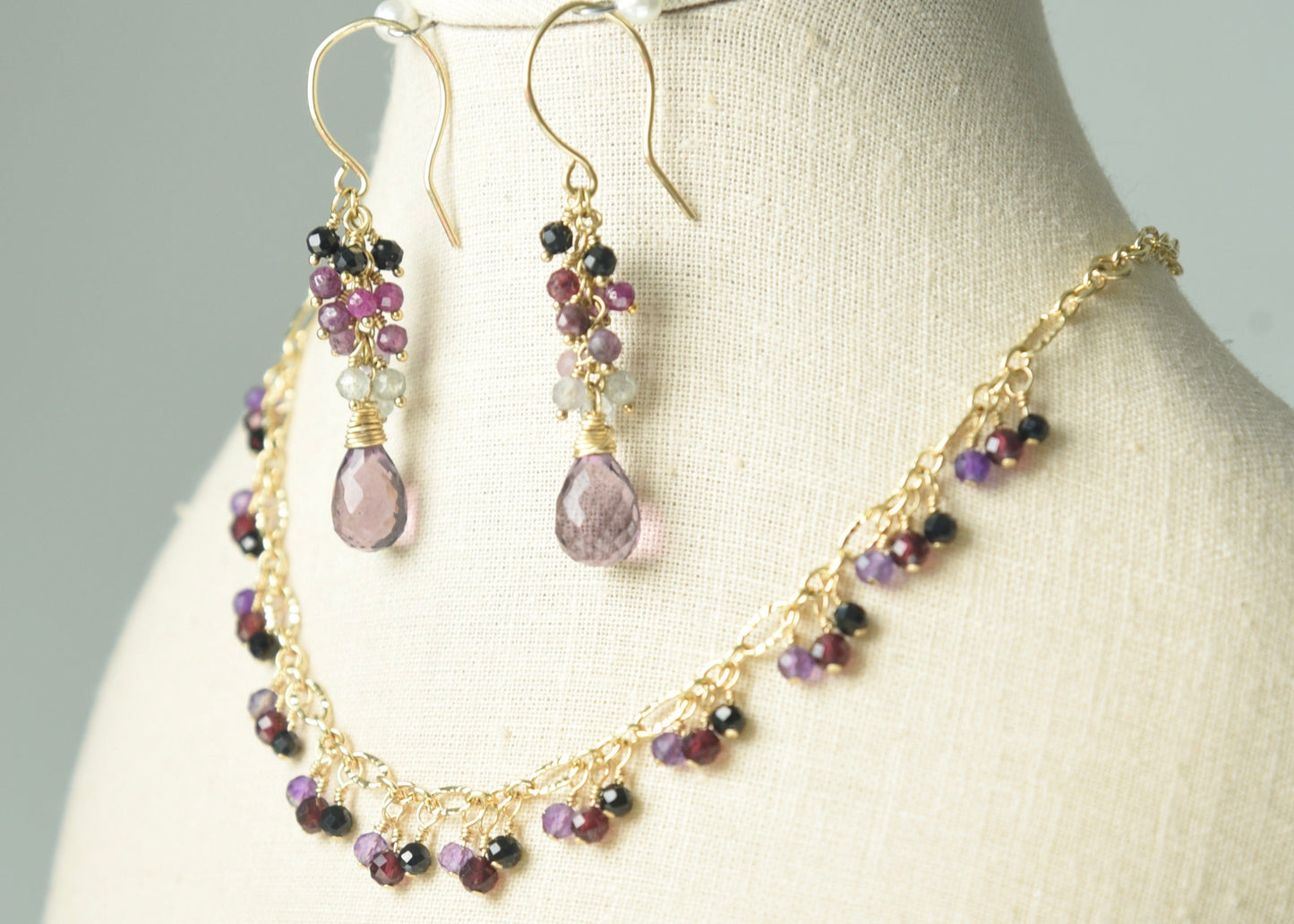 Agape Artisan Jewelry RUBY SAPPHIRE CASCADE & KUNZITE PINK QUARTZ EARRINGS 14k gold filled