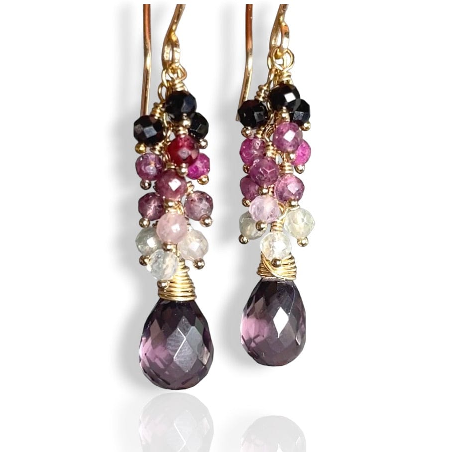 Agape Artisan Jewelry RUBY SAPPHIRE CASCADE & KUNZITE PINK QUARTZ EARRINGS 14k gold filled